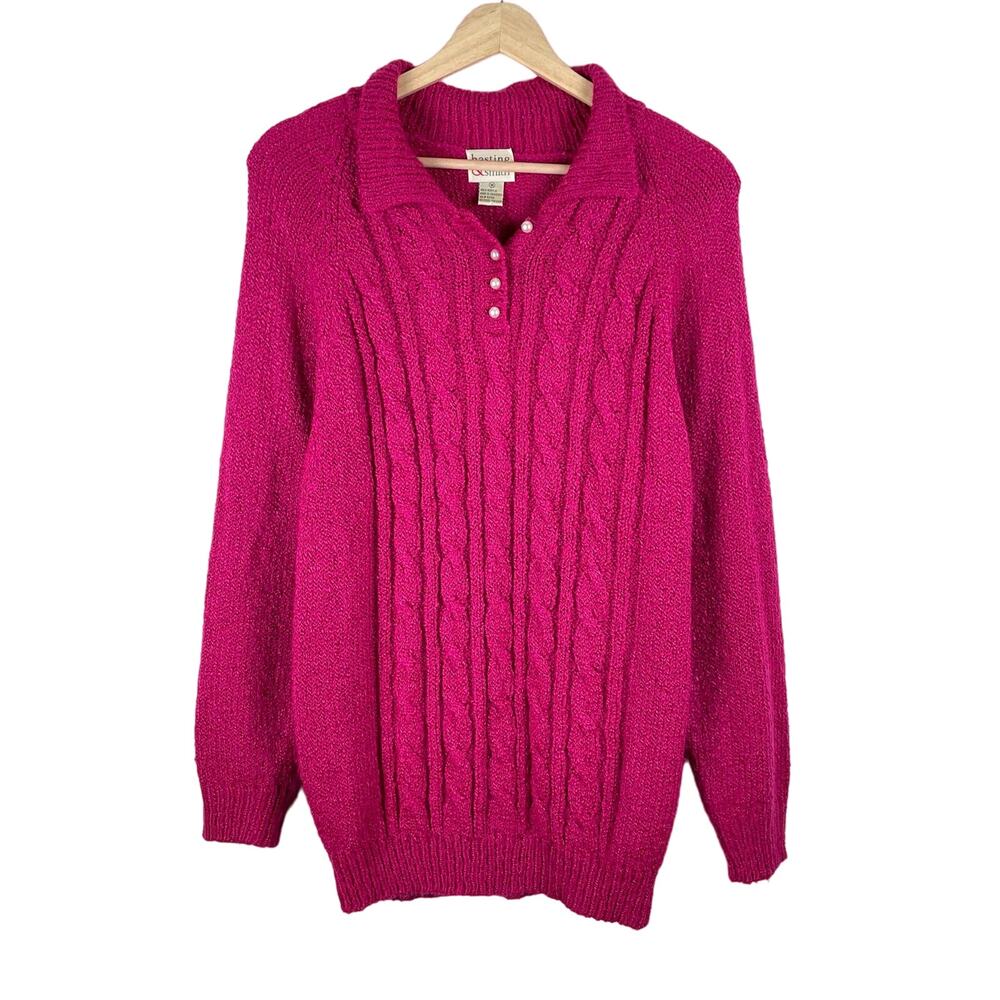 Vintage 90s Hasting & Smith Cable Knit Sweater Women M Pink Collared Long Sleeve
